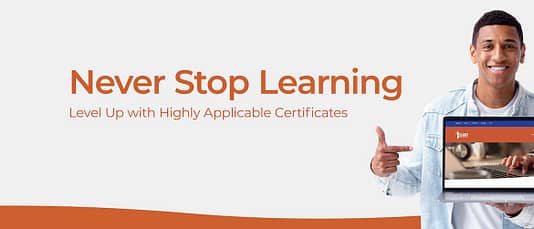 The Clarks Summit University Certificate web page is on display as a man encourages, you should never stop learning, level up with applicable certificates.